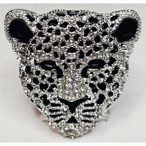 Crystal‎ Tiger Rhinestones New Brouch in Silver n Black Metal. Mob wife. …